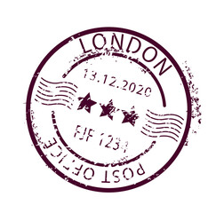Brown post mark. Round stamp with inscription London post office and three stars. Communication and interaction, business correspondence. Graphic element for website. Cartoon flat vector illustration