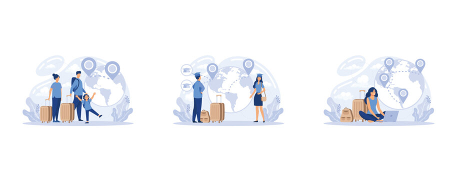 Human Capital, International Migration, Brain Drain, Digital Nomad, Trained Workers, Buisness Start Up, Leave Country, Set Flat Vector Modern Illustration