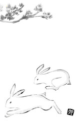 Obraz premium 2023年卯年の和風年賀状、水墨画の松とうさぎ