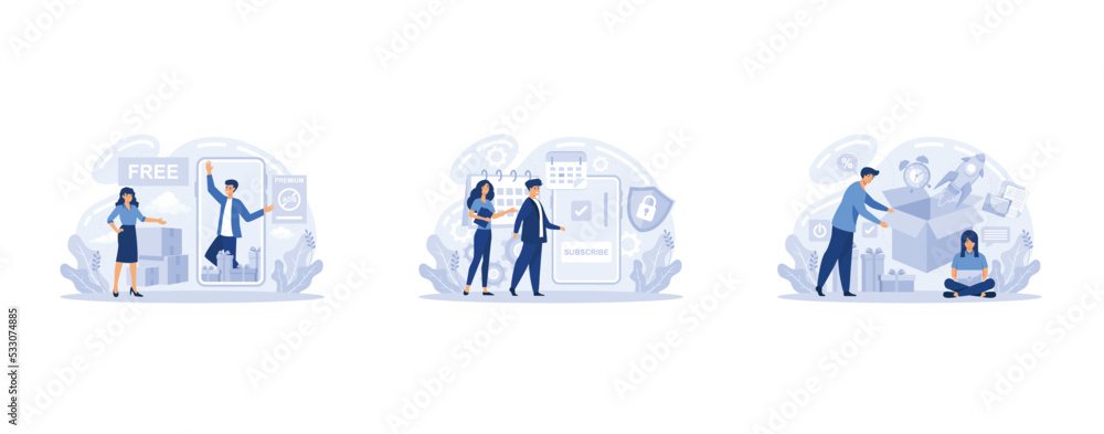 Poster free period, bundle set. freemium, subscription and bundling models. promotion modeling digital proc