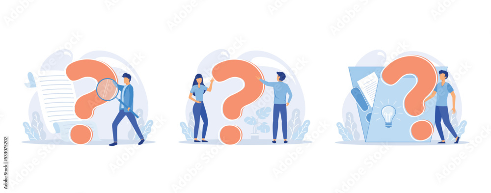 Poster question mark, obtaining information of interest. problem and solution, faq help. decision of inform