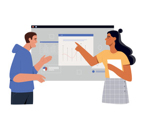 People with presentation. Man and woman discussing graphs, diagrams and charts. Information, statistics and infographics. Analytical department, brainstorming. Cartoon flat vector illustration