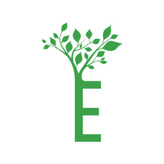 Green letter E with branch of tree ornament. For initial logo and brand identity.
