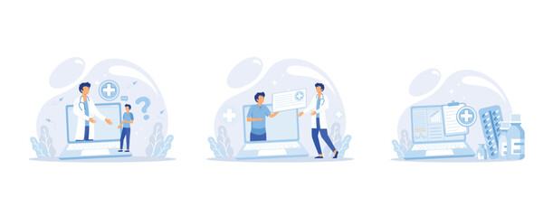 Mobile medicine mhealth online doctor, online medical services, health care program, talk to doctor from anywhere. Smartphone with medical application, set flat vector modern illustration