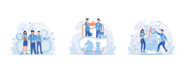 Fototapeta premium Meet our team, strategic partnership crowdfunding, Cooperation and teamwork, Entrepreneurship success, Effective business development, team management, set flat vector modern illustration