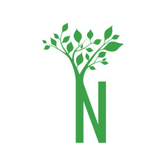 Fototapeta na wymiar Green letter N with the branch of a tree ornament. For initial logo and brand identity.