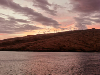 Sunset of the wind turbines on the Hawaiian Island of Maui