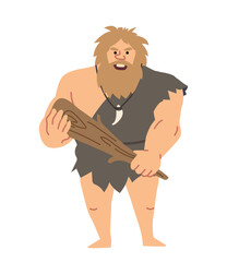 Primitive man with cudgel. Strong bearded character, hunter and protector. Graphic element for website, sticker for social networks. History and culture, BC. Cartoon flat vector illustration