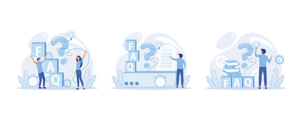 People characters standing near exclamation and question marks. Woman and man ask questions and receive answers. Frequently asked questions concept, set flat vector modern illustration