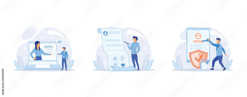 Poster registration or sign up user interface. people using secure login and password for authorization. co
