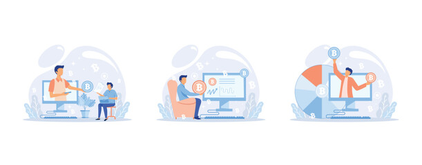 Cryptocurrency bitcoin, Blockchain exchange platform. Cyber banking procedures, bitcoin trading, wallet. Ecurrency transactions. Digital currency, cryptocurrency market, set flat vector modern illustr