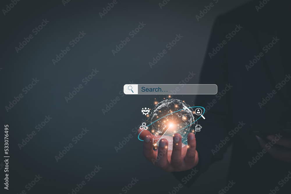 Poster data search technology search engine optimization. business people are searching for information in 