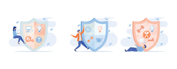 Confidence concept. Person has private conversation, Confidential communication. Trust property, reassuring partnerships, conviction. Protection of intellectual property, set flat vector modern illust