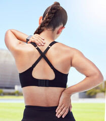 Fitness woman back pain, spine injury and neck problems at sports training stadium outdoors....