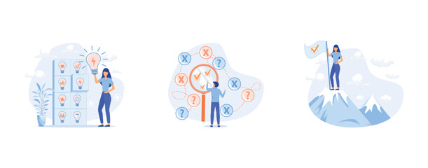 Achievement of goals. Finding the right solutions. Ideas management banners set. Successful way up to goal. Ambition business. Path chart to target. Aspiration to victory, set flat vector modern illus