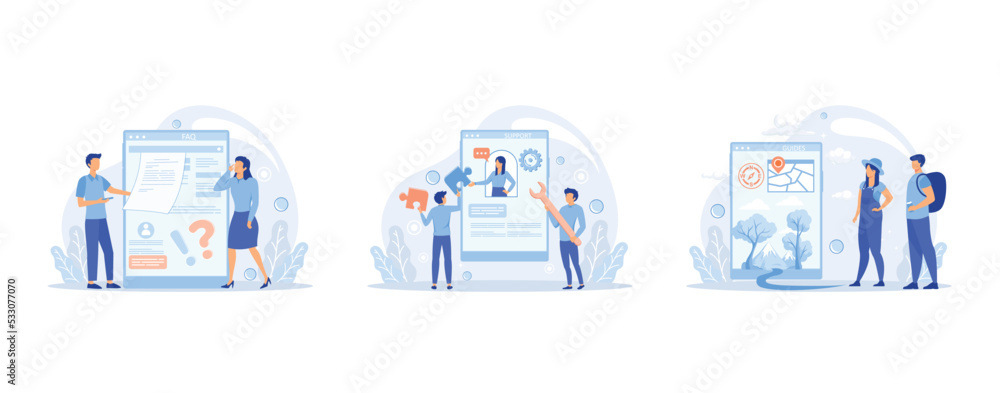 Poster faq website banner set, support page, guides page, frequently asked questions or questions and answe