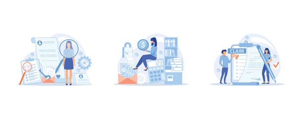 People provide and update personal information, registration claim documents, Tax filing, report your income information. Tax credits and expenses, financial report, set flat vector modern illustratio