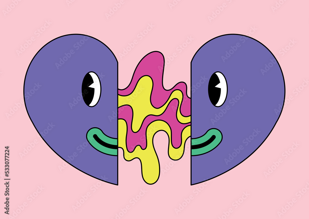 Poster psychedelic heart icon. graphic element for website in retro and old style. stiecre for social netwo