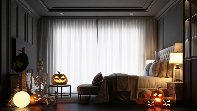 Halloween party poster in a modern classic haunted house bedroom with jack-o'-lantern pumpkins. Full moon lamps, witches' cauldrons, spider webs and skulls on the floor. 3d rendering illustation