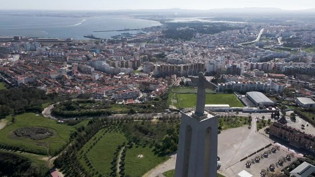 Aerial view of Cristo Rei (Christ the King), a famous monument in Almada near Lisbon, Portugal.