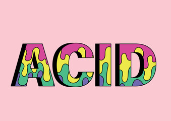 Psychedelic acid text. Red, yellow, green and blue letters on pink background. Graphic element for website in retro style. Hallucination and hippies concept. Cartoon flat vector illustration