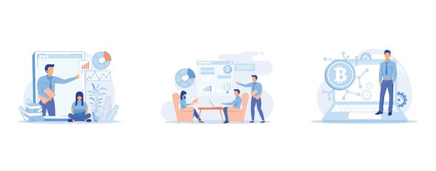 Online big data courses abstract concept , Marketing meetup abstract concept, Digital currency abstract concept , set flat vector modern illustration