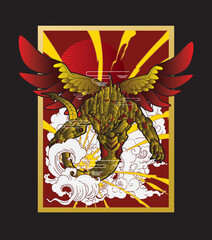 dragon illustration design with retro japanese style background