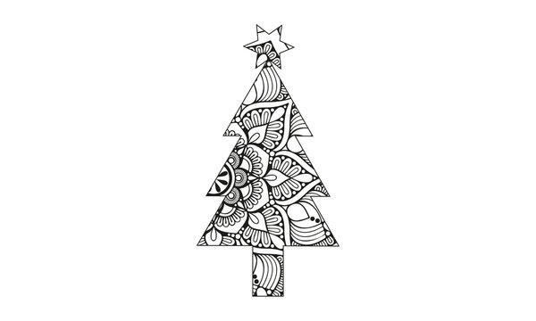 Vector illustration coloring page Christmas tree coloring ink with Christmas star. hand-drawing pattern ornament zen tagle , happy new year holiday celebration in December merry xmas