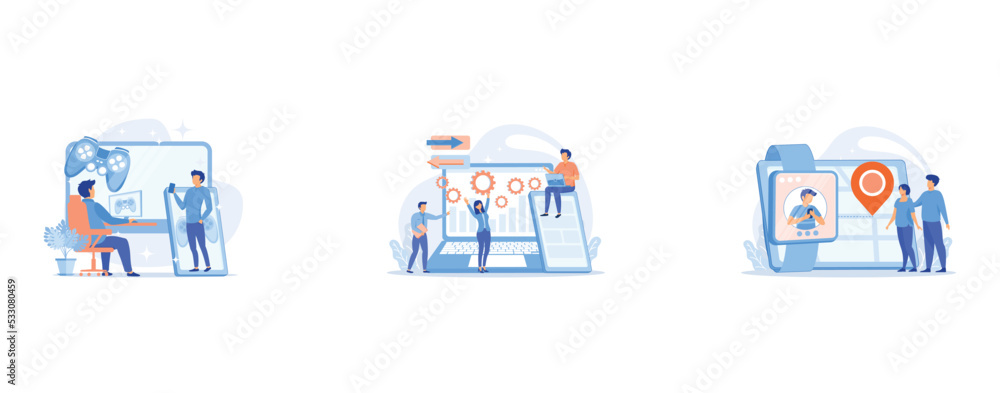 Poster gamers play video game on different hardware platforms, tester and developer work with laptop and ta