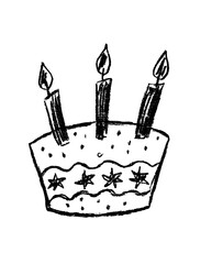 a black outline of a birthday cake with candles on a white background