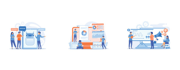 Business people communicate with chatbot application, Business analysts performing idea management on computer screen, Marketeers learning from fellow professionals at meetup with presentation board, 