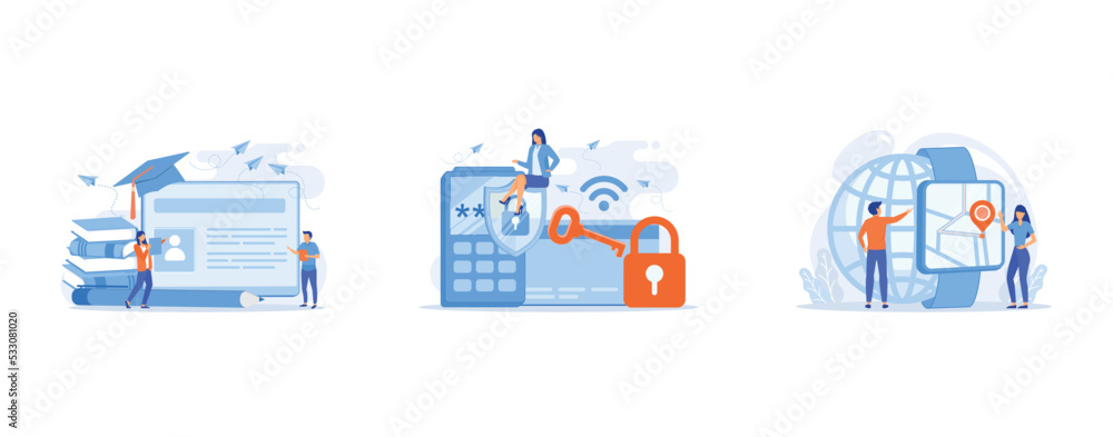 Poster school smart card with photo and users, access control card with key and lock and woman with protect