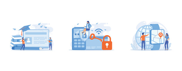 School smart card with photo and users, Access control card with key and lock and woman with protection shield, Users looking at smartwatch with GPS navigation pin, set flat vector modern illustration