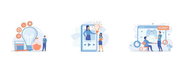 STEM education model, Video tutorial watching, International business partners video conference, set flat vector modern illustration