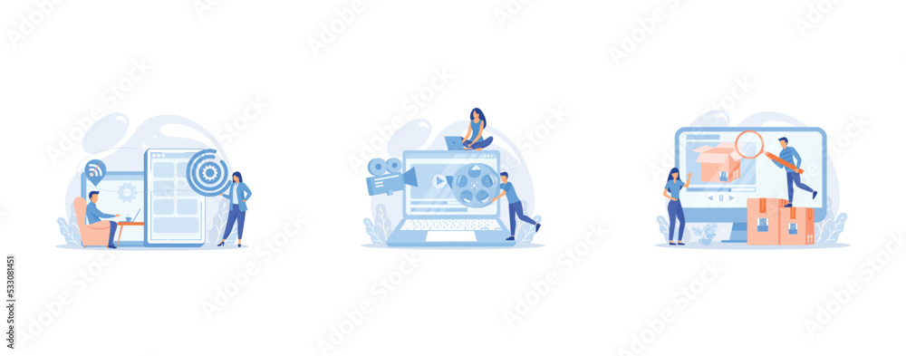 Poster developer working on web app on smartphone, user offline, tiny people, marketing strategist with lap
