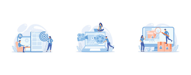 Developer working on web app on smartphone, user offline, tiny people, Marketing strategist with laptop working with video content, Bloggers with magnifier looking inside the box with new purchase vid