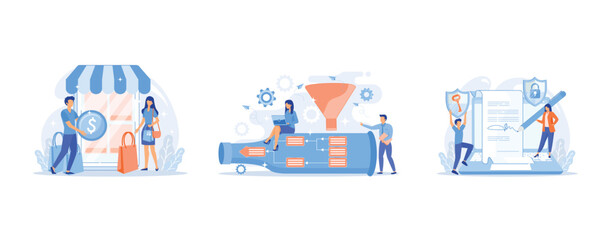 Tiny people customers with bags shopping online with smartphone, Tiny business people at bottle looking for system least capacity, Businessman putting electronic signature on document, security shield