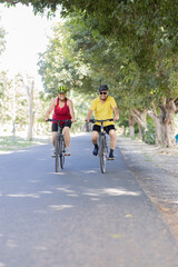 Active old man and woman riding bicycle on countryside road
