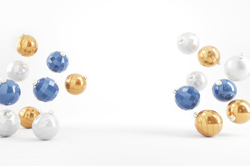 Gold and blue Christmas balls on white background. 3d rendering, Christmas party background, Copy space.