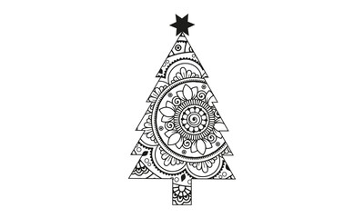 Vector illustration coloring page Christmas tree coloring ink with Christmas star. hand-drawing pattern ornament , happy new year holiday celebration in December . merry Christmas.