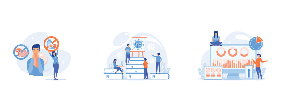 Man having food allergy symptoms to products like fish, milk and eggs, Infection prevention and treatment learning, Customer managers working with customers pie charts and devices, set flat vector mod