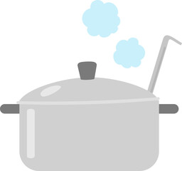 レードルを入れた湯気を上げる鍋