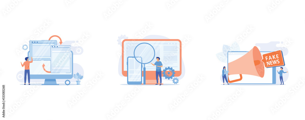 Poster website responsive design development, web design, propaganda in media, set flat vector modern illus