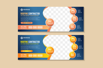 collection of flyer template design with headline is roofing contractor. space of photo and text. Advertising banner with horizontal layout. brown and yellow gradient element in blue background. © 1234design