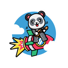 Cute panda playing guitar on the rocket