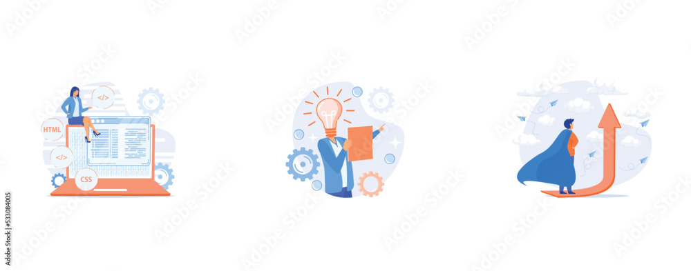 Poster css and html programming languages, innovative ideas generation, personal growth motivation, set fla