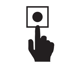 Hand pressing red button vector icon on white background.