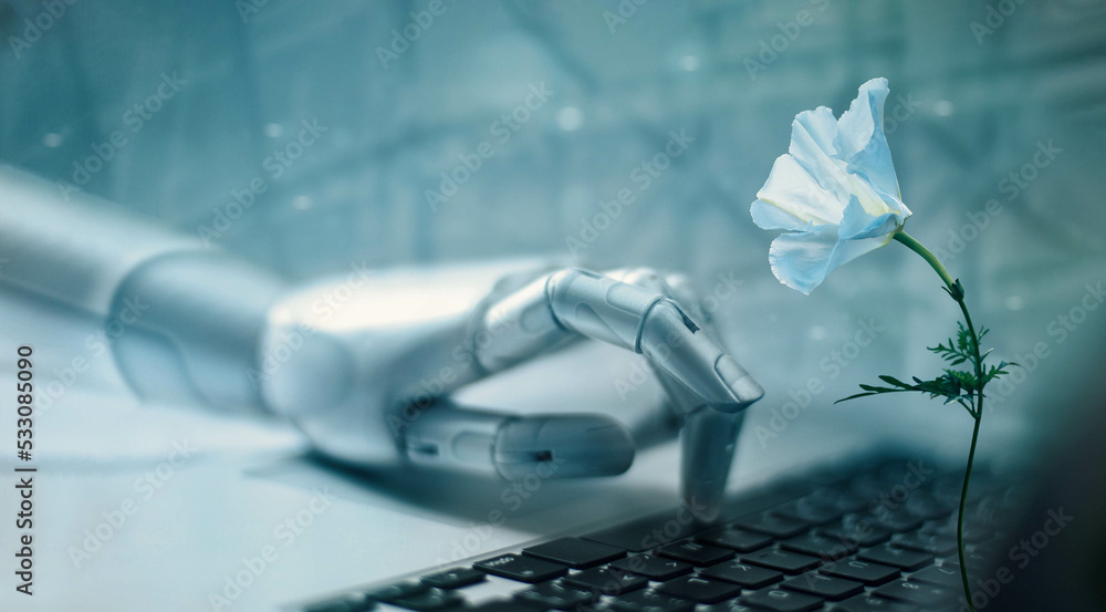 Aufkleber Robot hand working and analysis data on laptop and happy with white flower on table, AI, Artificial Intelligence, Development of emotion and thinking. Synthetic life, Deep learning. Future of tech.