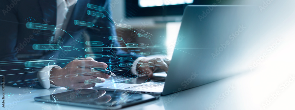 Aufkleber Cyber security, Businessman using laptop set up network connection from cyber attacks on blockchain technology, Encrypted, Protect privacy data of financial and banking transaction on network security