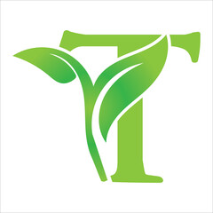 Green eco letters T logo with leaves.